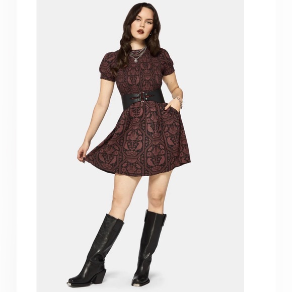 NWT Disturbia Annabel Inverted Raven Print Shirred Mini Dress size 6 - Picture 4 of 10